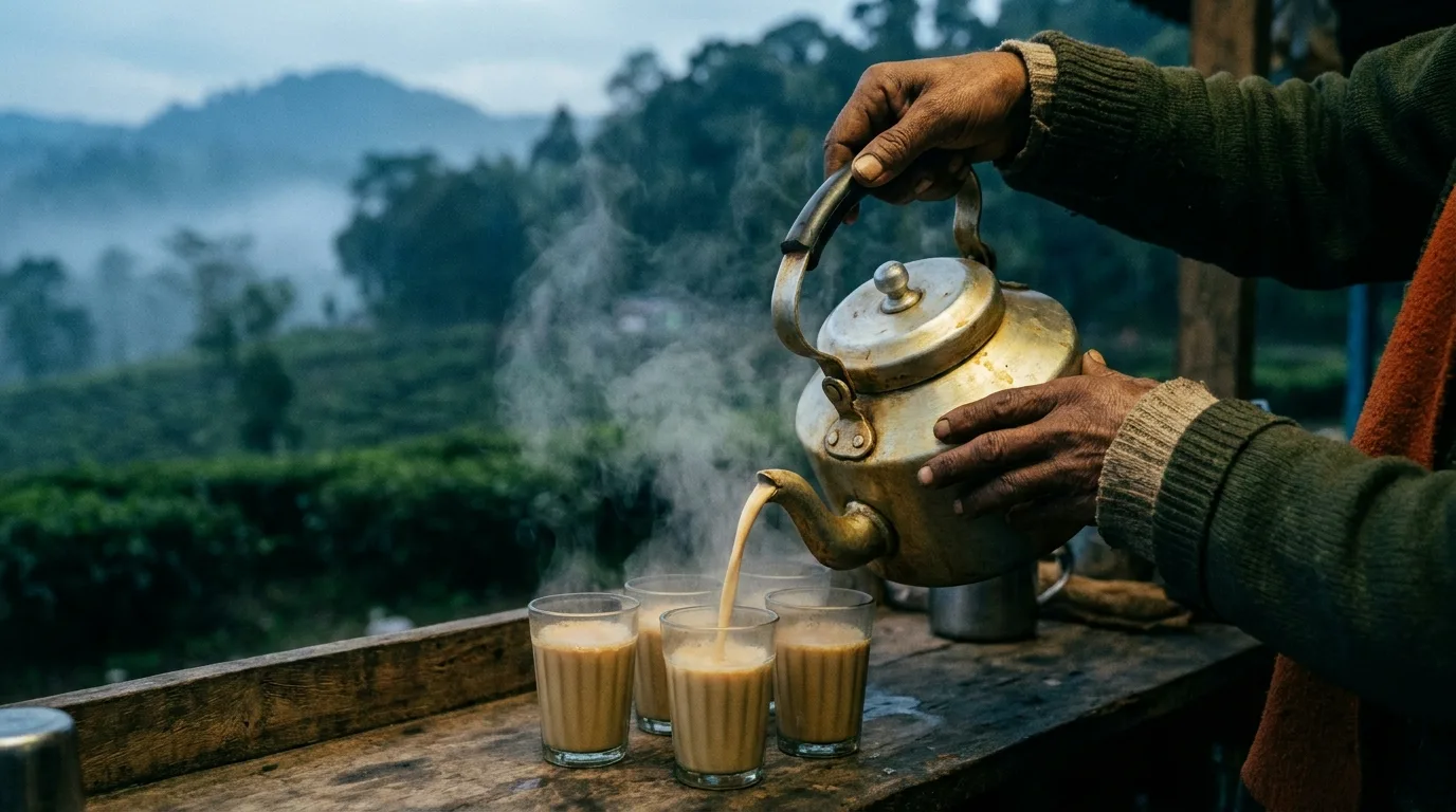 Hands pouring chai from a battered kettle into glass tumblers at a roadside stall, steam rising, misty tea slopes behind