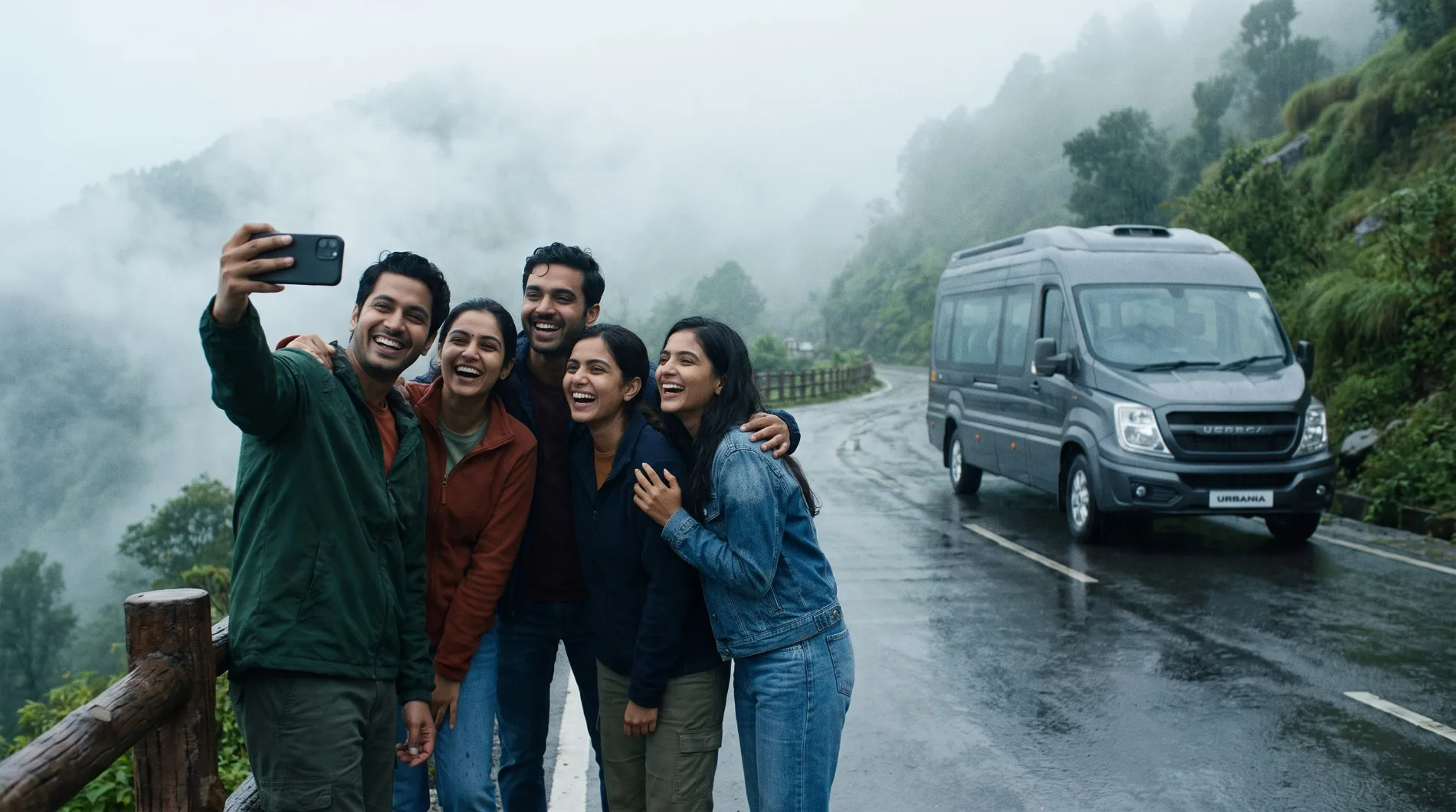 Travellers stopping to take a photo together at a misty mountain viewpoint, the Force Urbania parked on the wet road behind