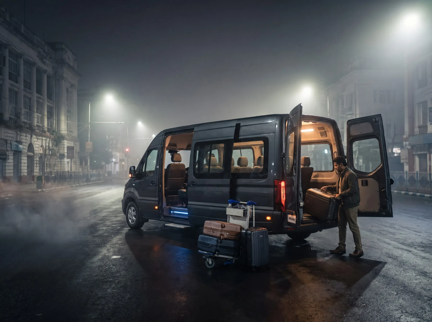 Luggage loaded into the back of the Force Urbania on a misty Kolkata street late at night, the road empty