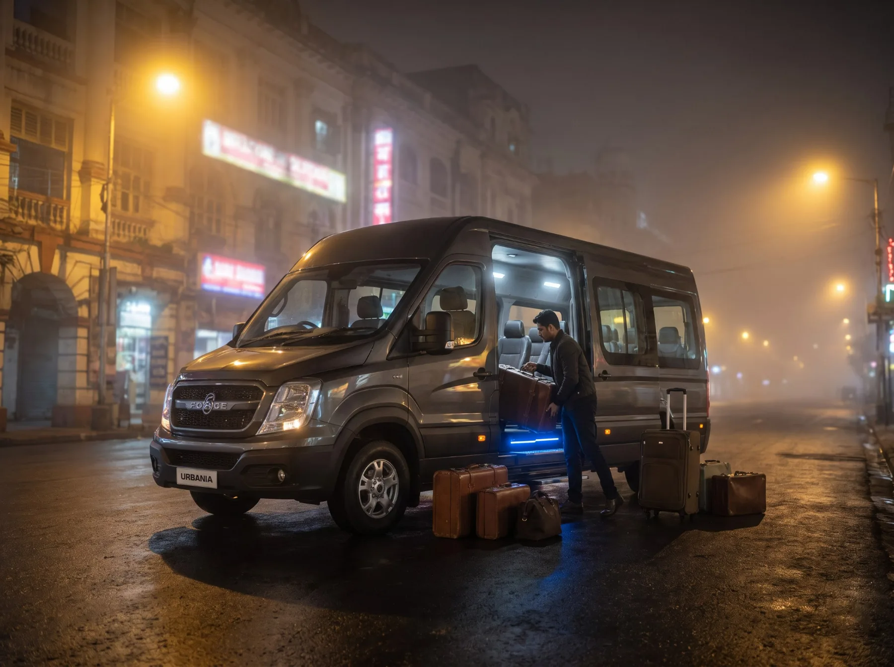 The Force Urbania waiting on a foggy Kolkata street at night, side door open and interior lit, ready to load