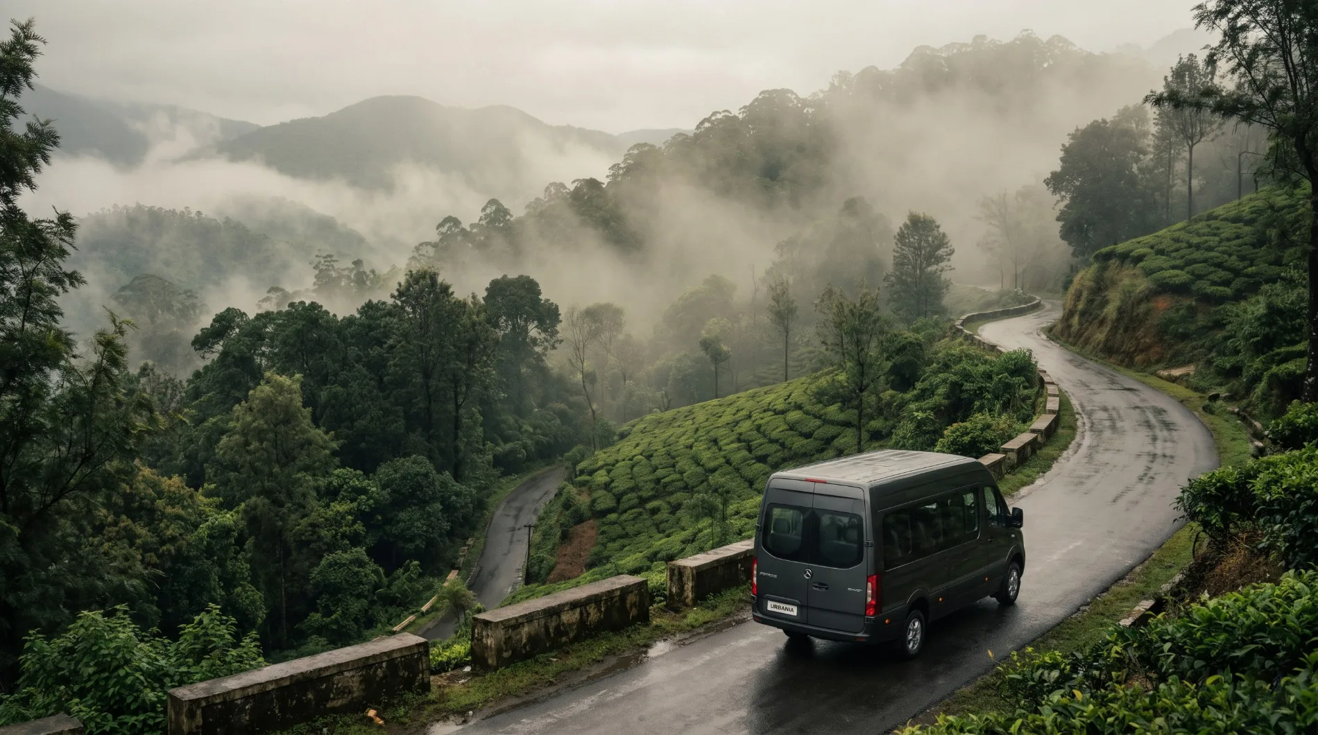 The Force Urbania climbing a wet hairpin mountain road through misty tea gardens and forest above the Teesta