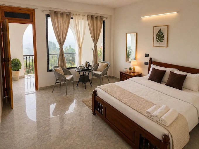 A bedroom with balcony doors open onto the valley, cane chairs and a small tea table by the window