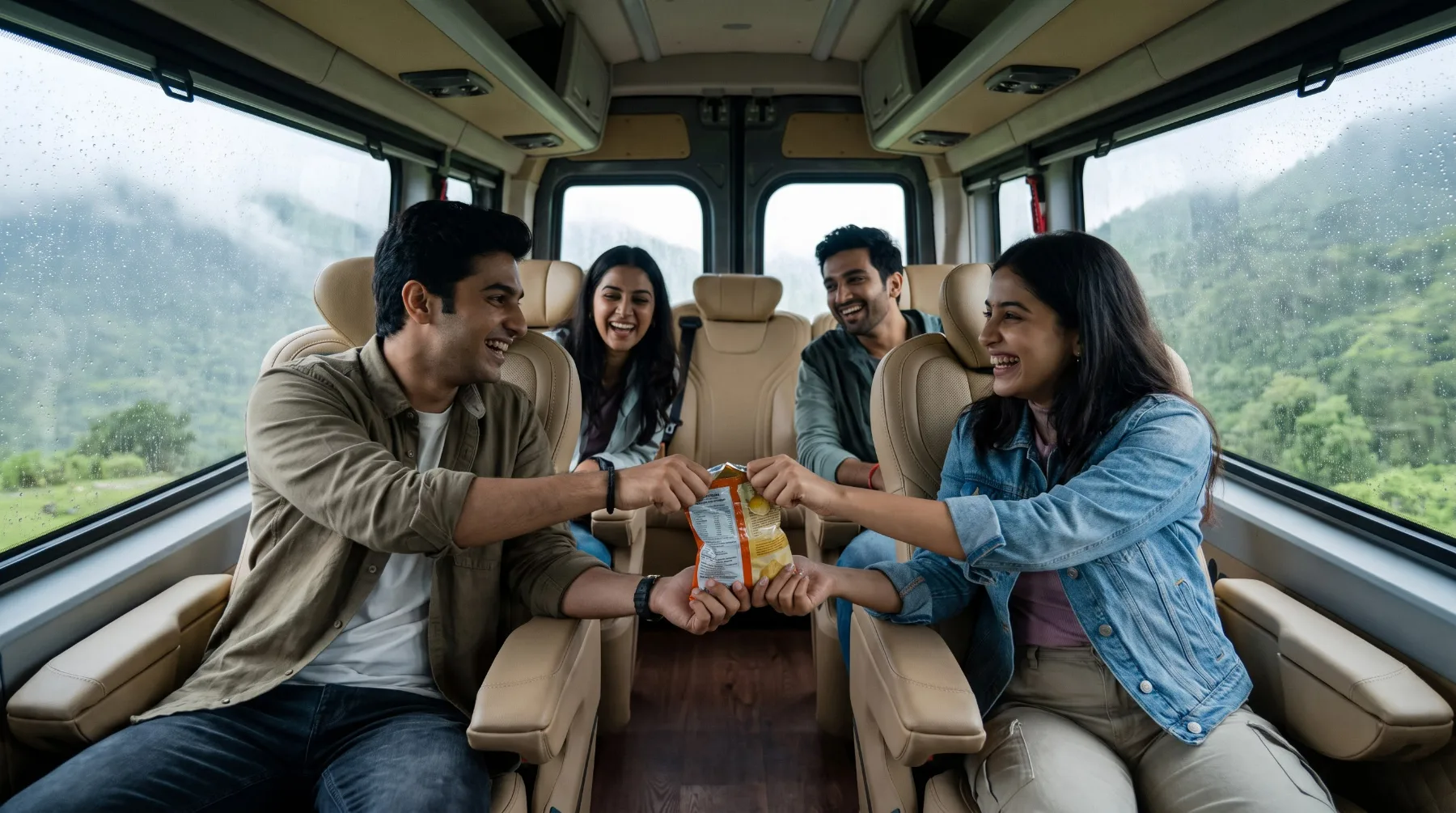 Four travellers laughing and passing snacks inside the Force Urbania, rain on the windows, forested hills beyond
